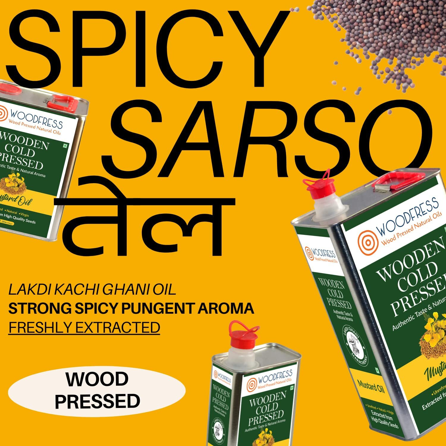 WOODFRESS Pure Cold Pressed Kachi Ghani Mustard Oil, 1 Litre Metal Tin, Wood Pressed Sarson Oil, 5 Kg Mustard Seeds per 1 Litre, Healthy Cooking Oil, Unrefined Black Mustard, Preservative-Free, Nutrient-Rich, Woodpress Sarso Tel 1L
