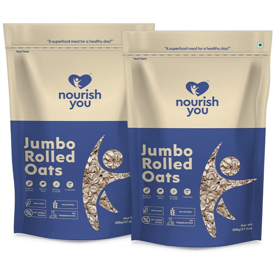 Nourish You Jumbo Rolled Oats | Gluten Free | Whole Grain Rolled Oats with High Fibre & Protein | Diet food for Weight Management | 1 KG