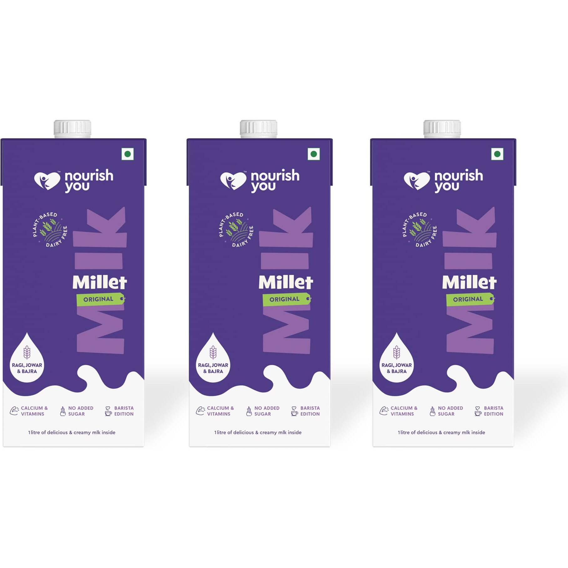 Nourish You Plant Based Millet Mlk with goodness of Ragi, Jowar, Bajra & Oats |Lactose Free | Dairy Free | Preservatives free | Healthy Vegan Creamy Mlk | No-added sugar | 3 L (1L each  3)