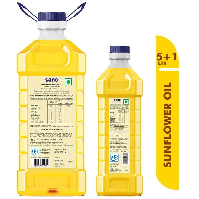 Sano Sunflower Oil 5+1 Litre Pet Bottle - Pure, Nutrient-Rich Cooking Oil with High Smoke Point - Ideal for Frying, Sauting, and Baking - Pack of 2 Bottles