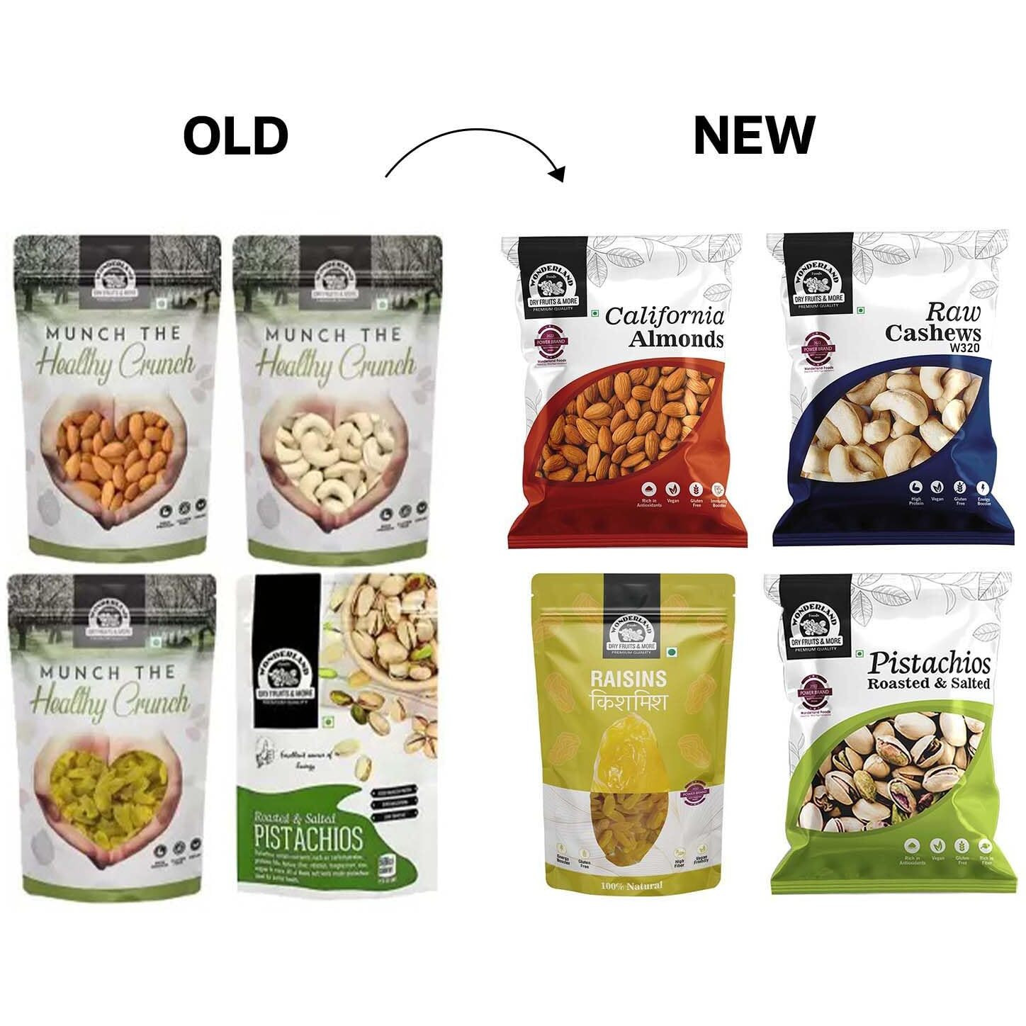 WONDERLAND FOODS (DEVICE) Dryfruits Combo Pack Of 4 (500G) Np Almonds, W320 Cashews, R/S Pista (100Geach) And Long Green Raisins(200G)