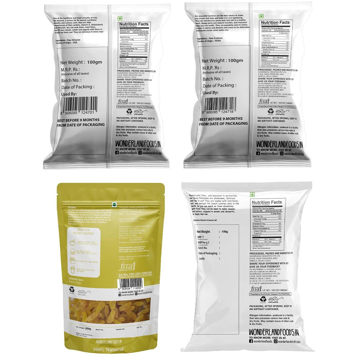 WONDERLAND FOODS (DEVICE) Dryfruits Combo Pack Of 4 (500G) Np Almonds, W320 Cashews, R/S Pista (100Geach) And Long Green Raisins(200G)