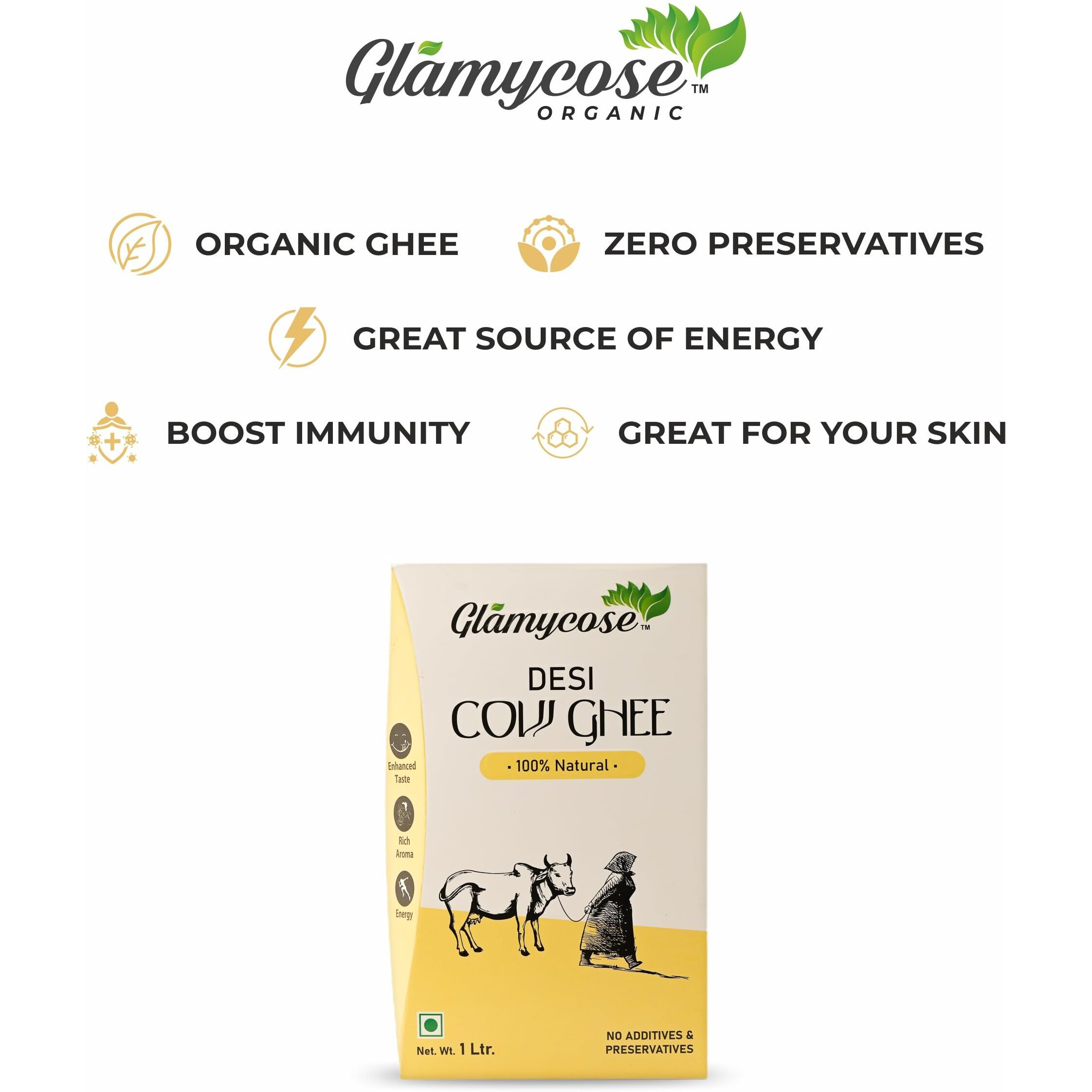 Glamycose Cow ghee 1 Litre (Pack of 2), Desi ghee, Desi cow ghee, Everyday Ghee,Experience Purity, Digestive Support & Energy.