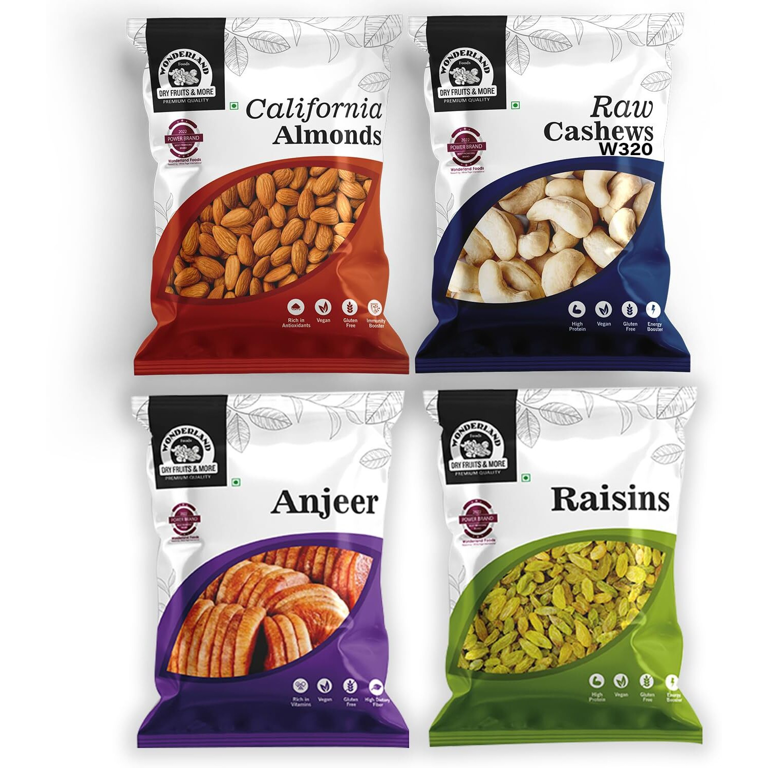 WONDERLAND FOODS Dry Fruits Combo Pack of 4 (100 grams each) Badam, Kaju, Anjeer, Kishmish - (Almonds-Cashews-Dried Figs-Raisins)