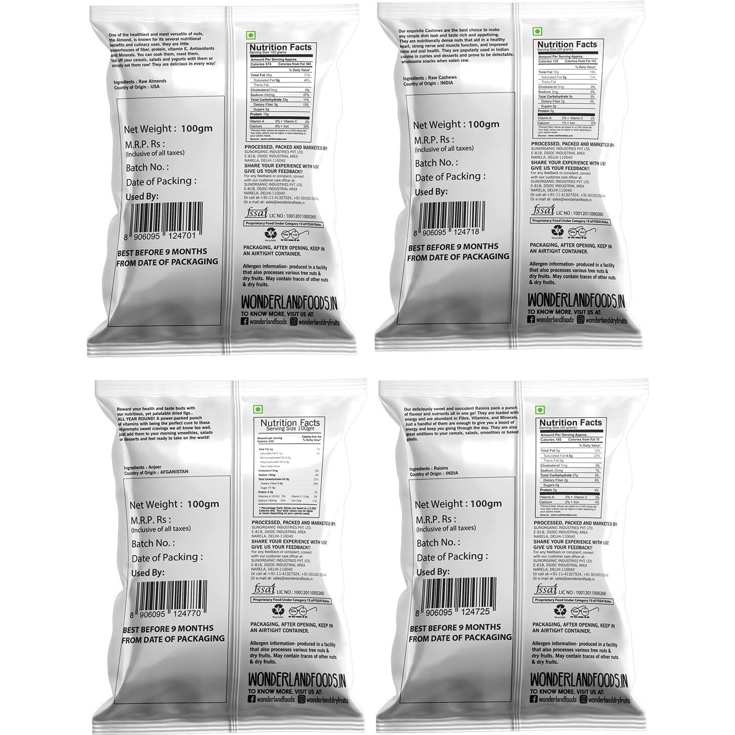 WONDERLAND FOODS Dry Fruits Combo Pack of 4 (100 grams each) Badam, Kaju, Anjeer, Kishmish - (Almonds-Cashews-Dried Figs-Raisins)