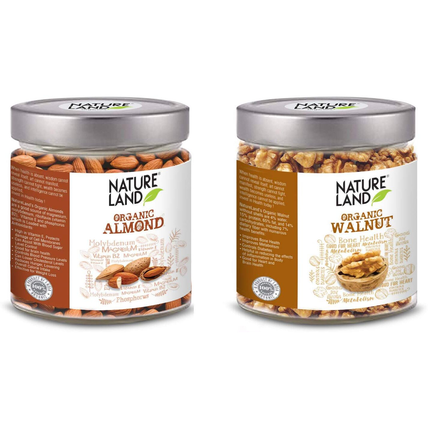 Natureland Organics Almonds 250gm, Walnuts 150gm (Dry Fruits Combo)