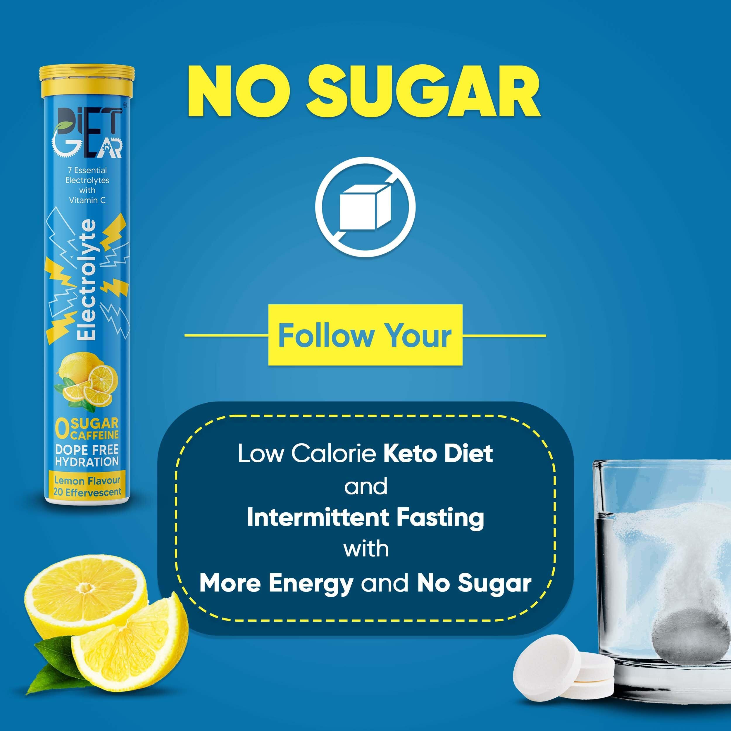 DIET GEAR Energy Drink 60 Effervescent Servings (15 litre) Zero Sugar, Zero Caffeine| with 7 Essential Electrolyte Salts (Na, K, Mg, Ca, Cl, Zn) + Vitamin C | lemon