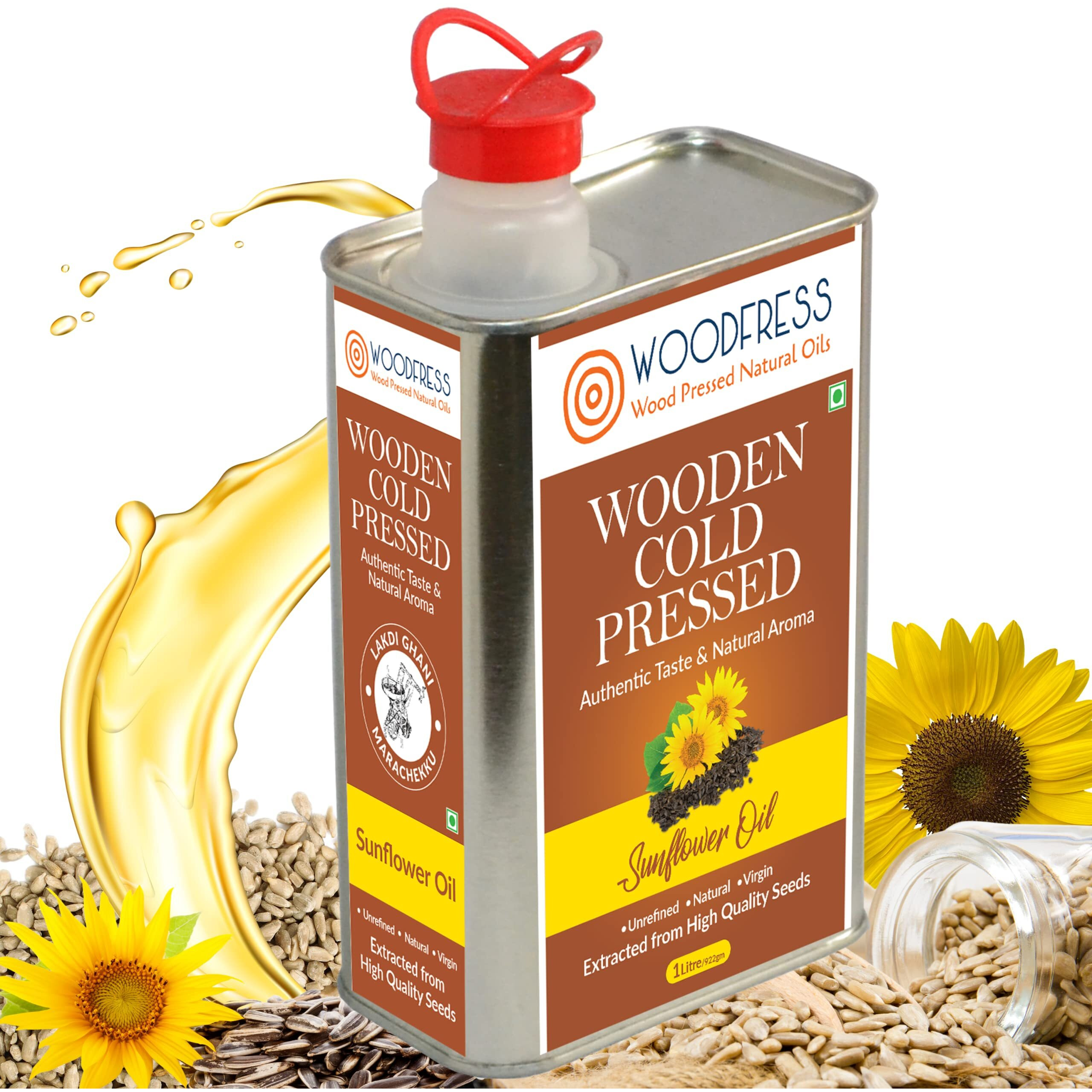 WOODFRESS Pure Wood Pressed Cold Pressed Sunflower Oil - 1 Litre | Unrefined, Chemical-Free, Natural Cooking Oil | Extracted from 4kg Sunflower Seeds | Nutrient-Rich Edible Oil for Cooking, Frying, Baking, and Sauting | Metal Tin 1L