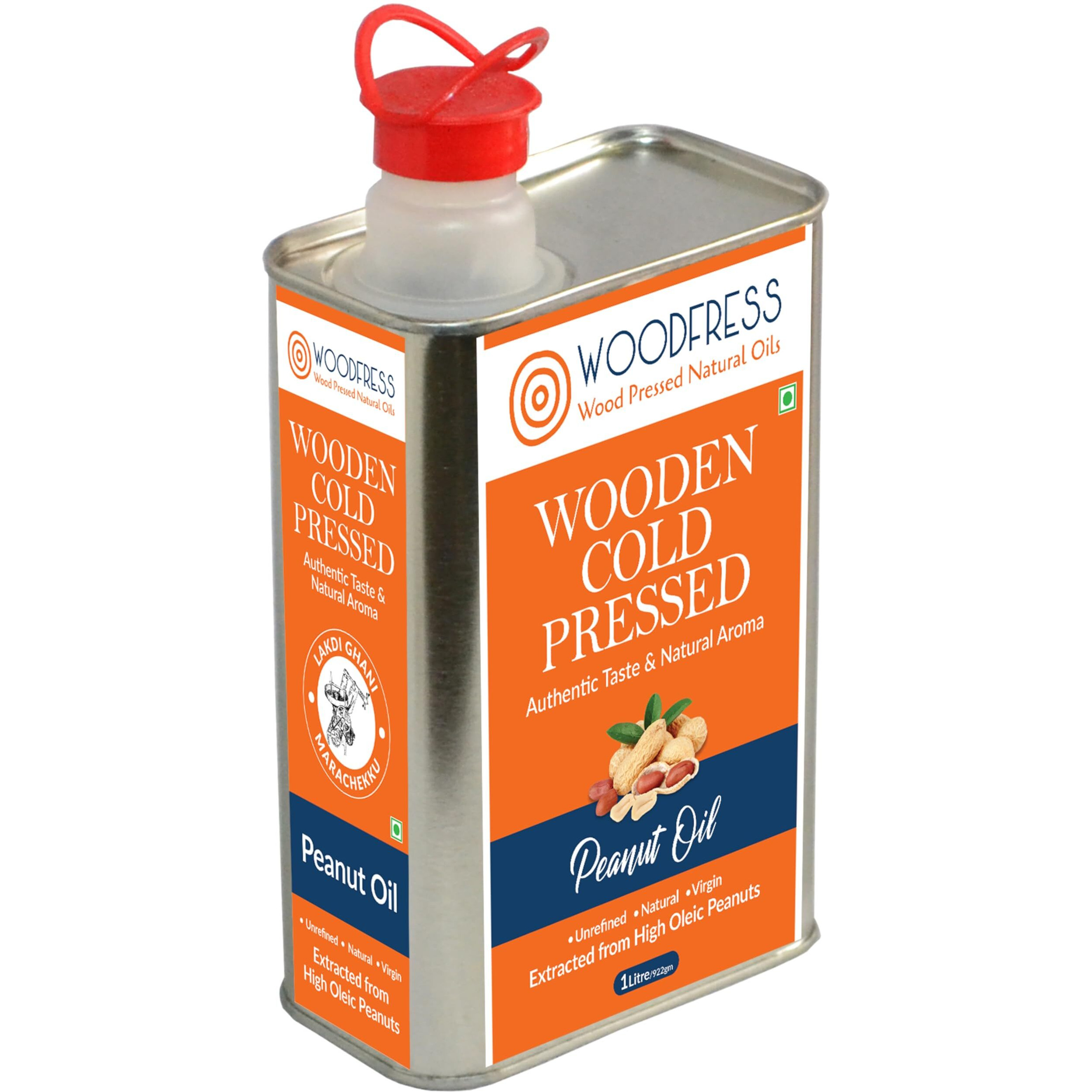 WOODFRESS Cold Pressed Groundnut Oil 1 Litre - Extracted from 3kg Red JAVA Peanuts for 1L Pure Woodpress Oil, Wood Pressed (Lakdi Ghani) Healthy Cooking Oil, Cold-pressed Peanut Oil, Metal Tin