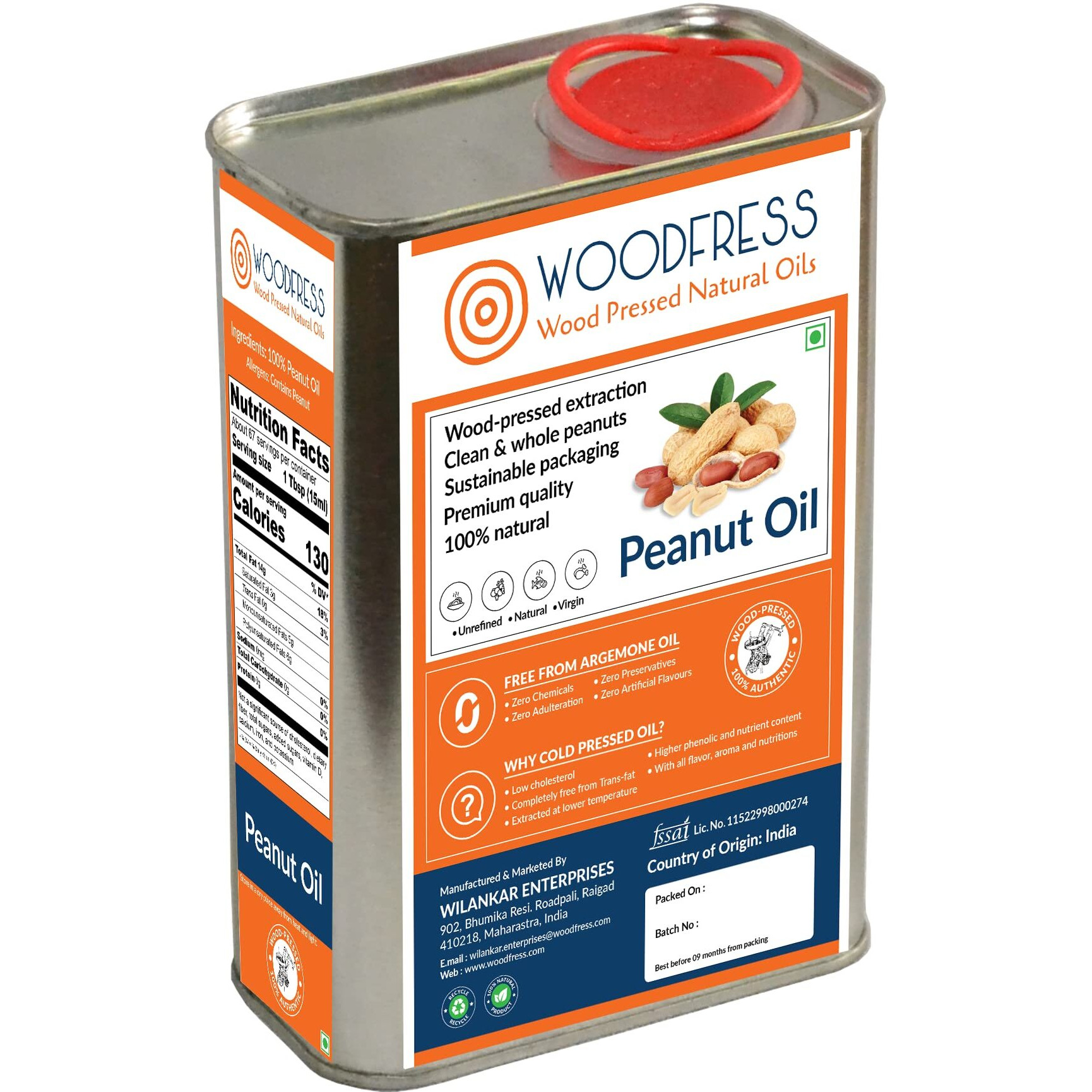 WOODFRESS Cold Pressed Groundnut Oil 1 Litre - Extracted from 3kg Red JAVA Peanuts for 1L Pure Woodpress Oil, Wood Pressed (Lakdi Ghani) Healthy Cooking Oil, Cold-pressed Peanut Oil, Metal Tin