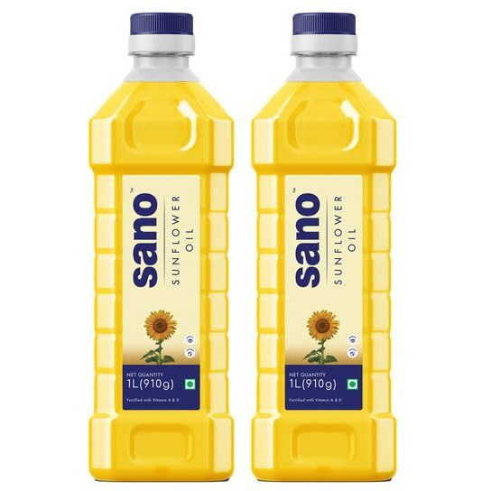 Sano Sunflower Oil 1 Ltr Pet Bottle - Pure, Nutrient-Rich Cooking Oil with High Smoke Point - Ideal for Frying, Sauting, and Baking - Pack of 2 Bottles