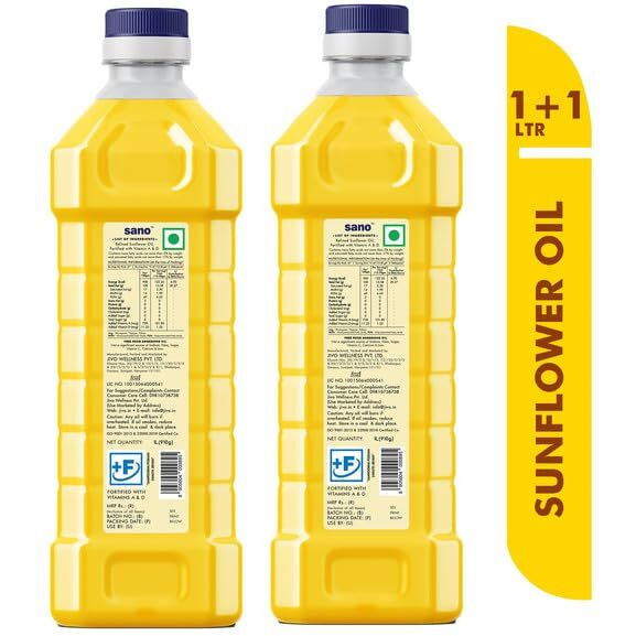 Sano Sunflower Oil 1 Ltr Pet Bottle - Pure, Nutrient-Rich Cooking Oil with High Smoke Point - Ideal for Frying, Sauting, and Baking - Pack of 2 Bottles
