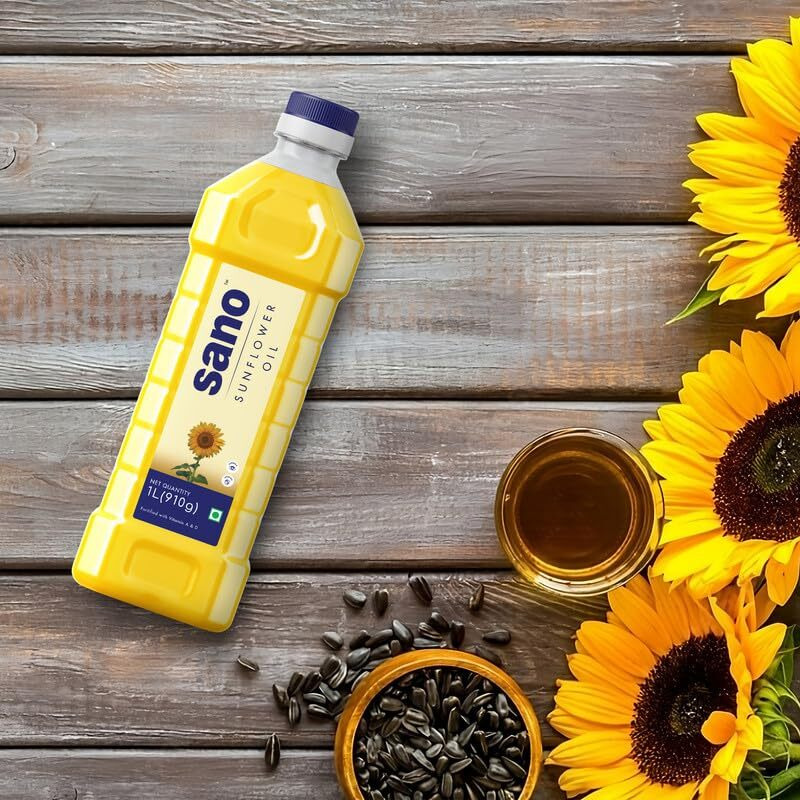 Sano Sunflower Oil 1 Ltr Pet Bottle - Pure, Nutrient-Rich Cooking Oil with High Smoke Point - Ideal for Frying, Sauting, and Baking - Pack of 2 Bottles