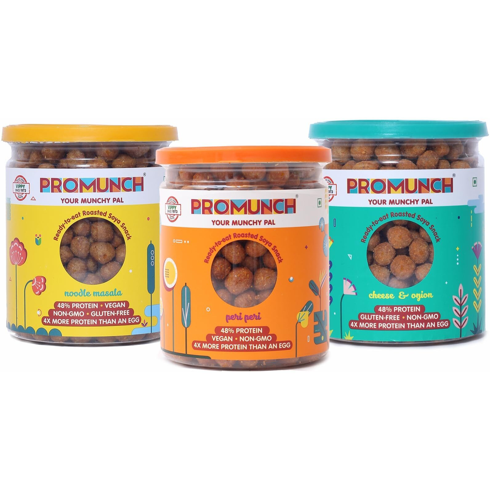 PROMUNCH Roasted Soya Snack | High-Protein | Healthy | Gluten-Free | Pack of 3, Flavour Cheese & Onion, Peri-Peri And Noodle Masala,150 g Each
