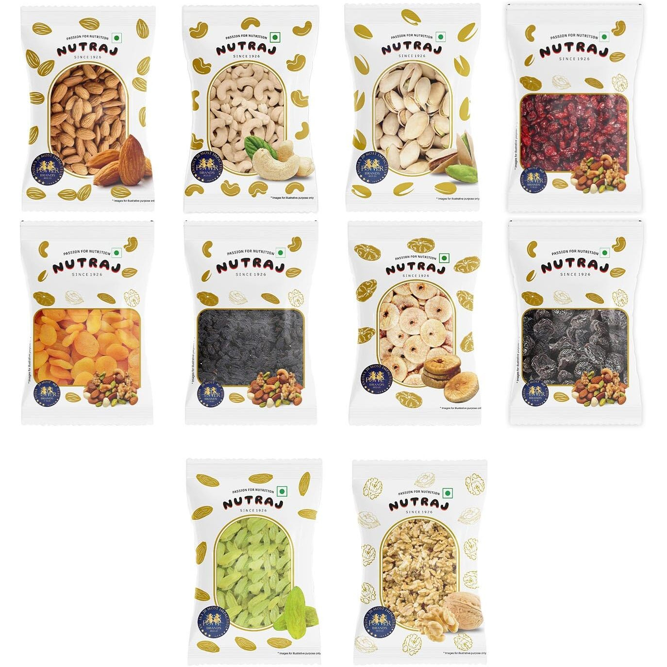 Nutraj Dry Fruits Combo with Pistachios, Almond,Cashew, Black and Golden Raisins, Anjeer, Walnut Kernel, Dried Apricot, Prunes, Cranberries (100 g Each, 1000 g)- Pack of 10