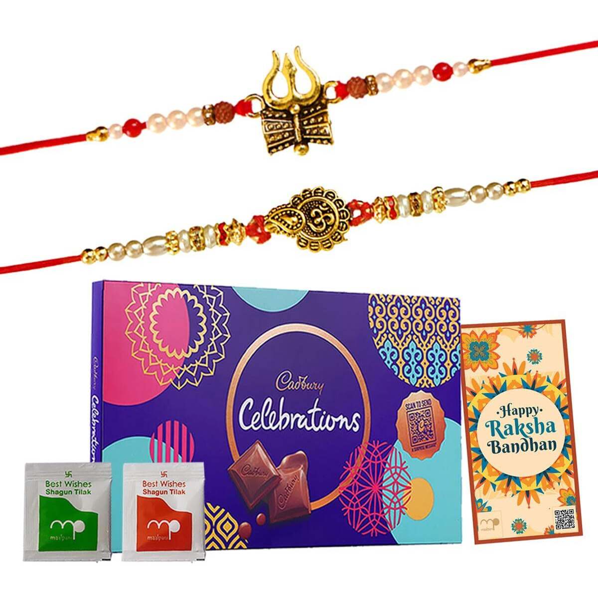 Maalpani Rakhi and Chocolate Hamper - Designer Diamond Rakhi Set of 2 - Cadbury Celebration Chocolates