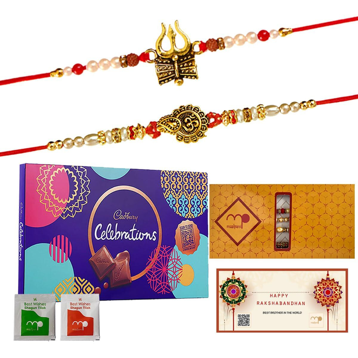 Maalpani Rakhi and Chocolate Hamper - Designer Diamond Rakhi Set of 2 - Cadbury Celebration Chocolates