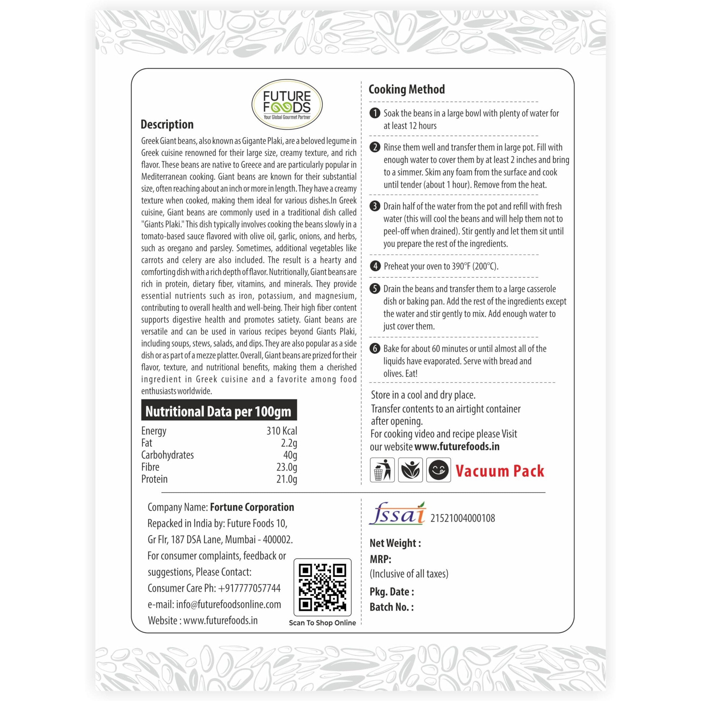 Future Foods Greek Gigante Beans | Double Butter Beans | Protein Rich | Good Source of Soluble Fiber & Vitamin A | Sweet & Mild Taste | Meaty Texture | Gluten Free | Low in Fat Content | 450g