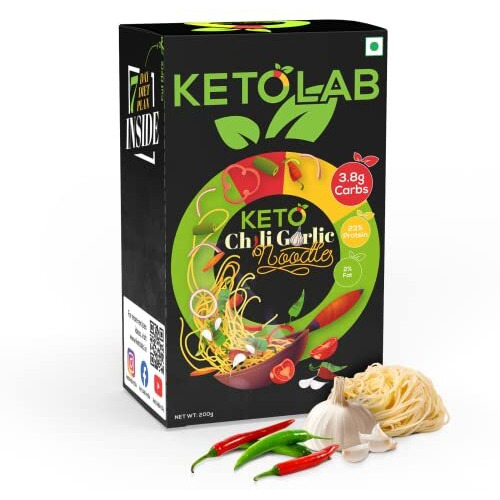 Ketolab Keto Chilli Garlic Noodles Spaghetti, 200 Gms (Pack of 2), 3.8g Net Carb & 23% High Protein/Serving, Identical to Regular Noodles, Low Carb, High Fibre, Low GI, Keto Diet, Diabetic Friendly