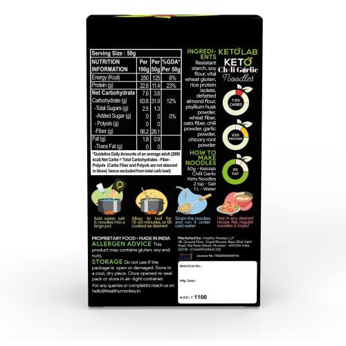 Ketolab Keto Chilli Garlic Noodles Spaghetti, 200 Gms (Pack of 2), 3.8g Net Carb & 23% High Protein/Serving, Identical to Regular Noodles, Low Carb, High Fibre, Low GI, Keto Diet, Diabetic Friendly