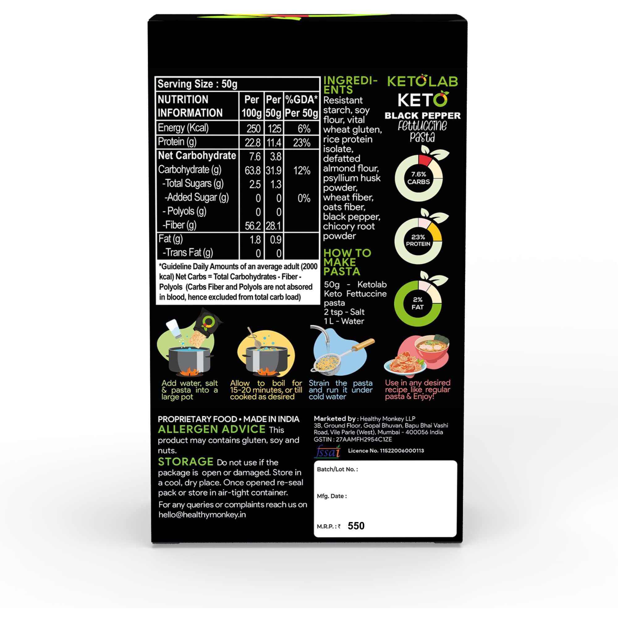 Ketolab Keto Pepper Fettuccine Pasta (Flat noodles), 200 Gms (Pack of 2), 3.8g Net Carb & 23% High Protein/Serving, Identical to Regular Pasta, Low Carb, Low GI, Keto Diet, Diabetic Friendly