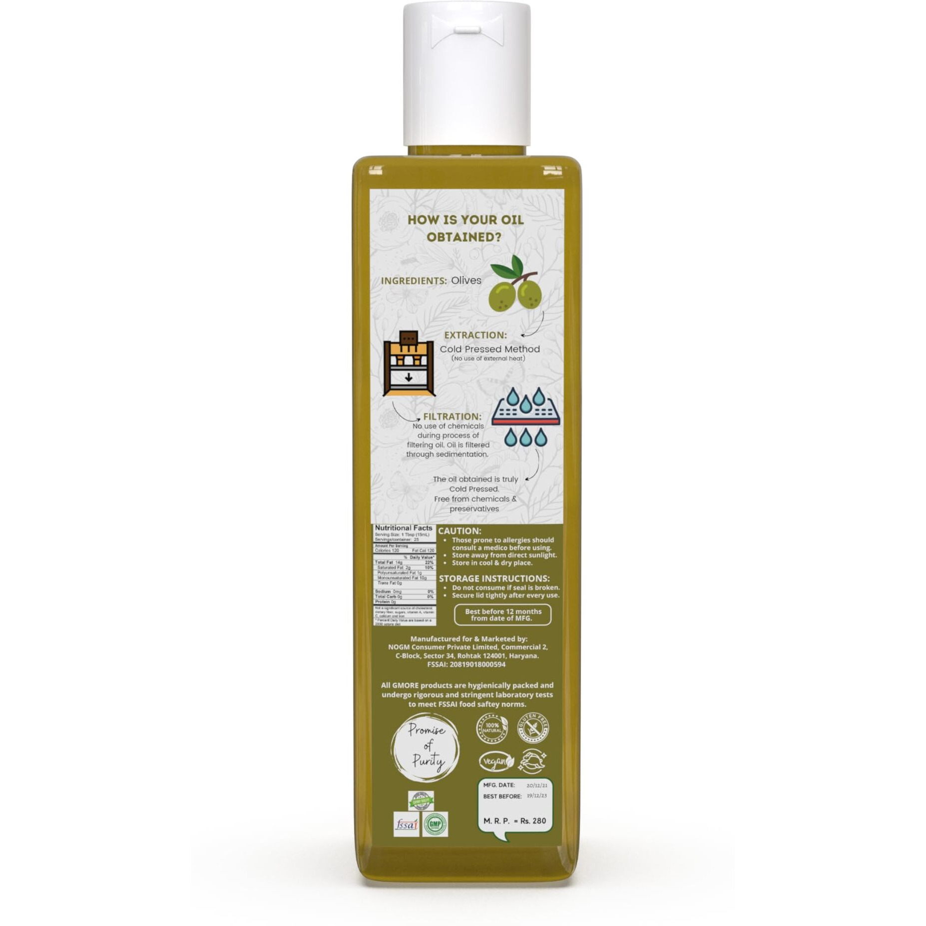 Gmore - Cold Pressed - Extra Virgin Olive Oil - Organic - 100% Pure & Natural Olive Oil (200ml)