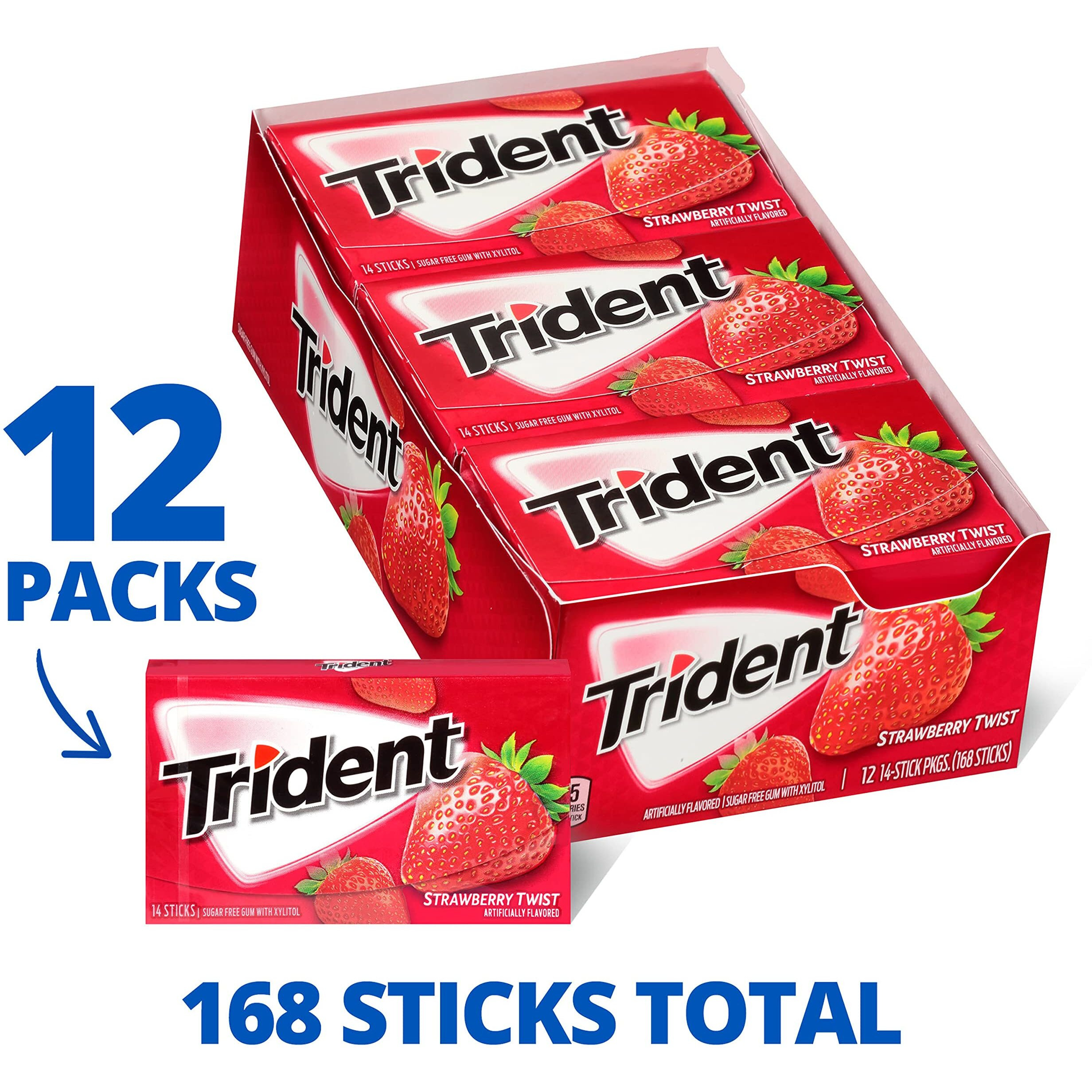 Trident Strawberry Twist Sugar Free Gum, 14 Sticks, 26 g, 14 Count, Pack of 12