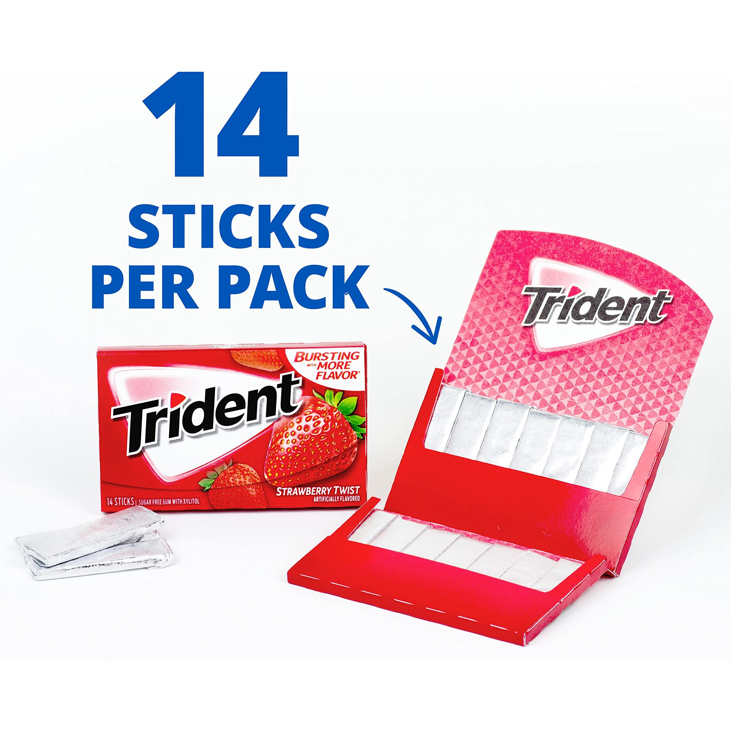 Trident Strawberry Twist Sugar Free Gum, 14 Sticks, 26 g, 14 Count, Pack of 12