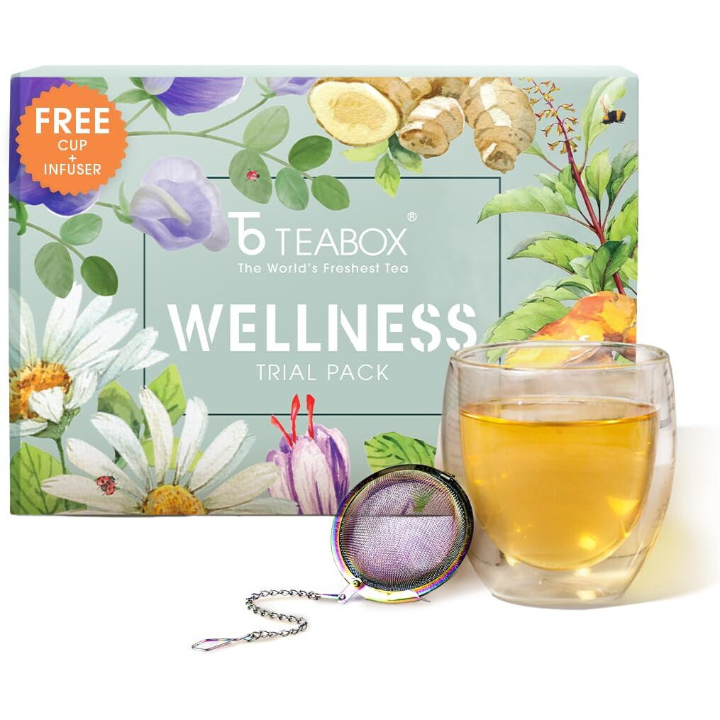 Teabox Wellness Trial Pack | 10 exquisite teas inspired by ancient Ayurvedic wisdom and meticulously crafted to rejuvenate both mind and body |(Free Valencia Glass Teacup & Elegant Ball Infuser)