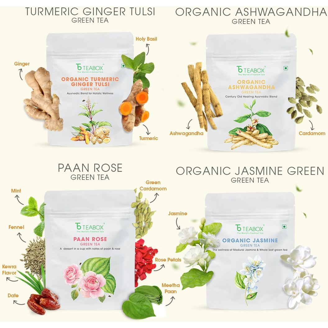 Teabox Wellness Trial Pack | 10 exquisite teas inspired by ancient Ayurvedic wisdom and meticulously crafted to rejuvenate both mind and body |(Free Valencia Glass Teacup & Elegant Ball Infuser)