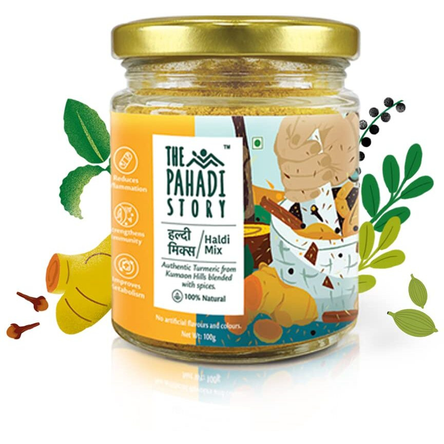 The Pahadi Story Turmeric Latte Mix 100gm - 100% Natural Haldi Doodh Mix Immunity Booster Golden Milk Powder for Rainy and Winter Season -