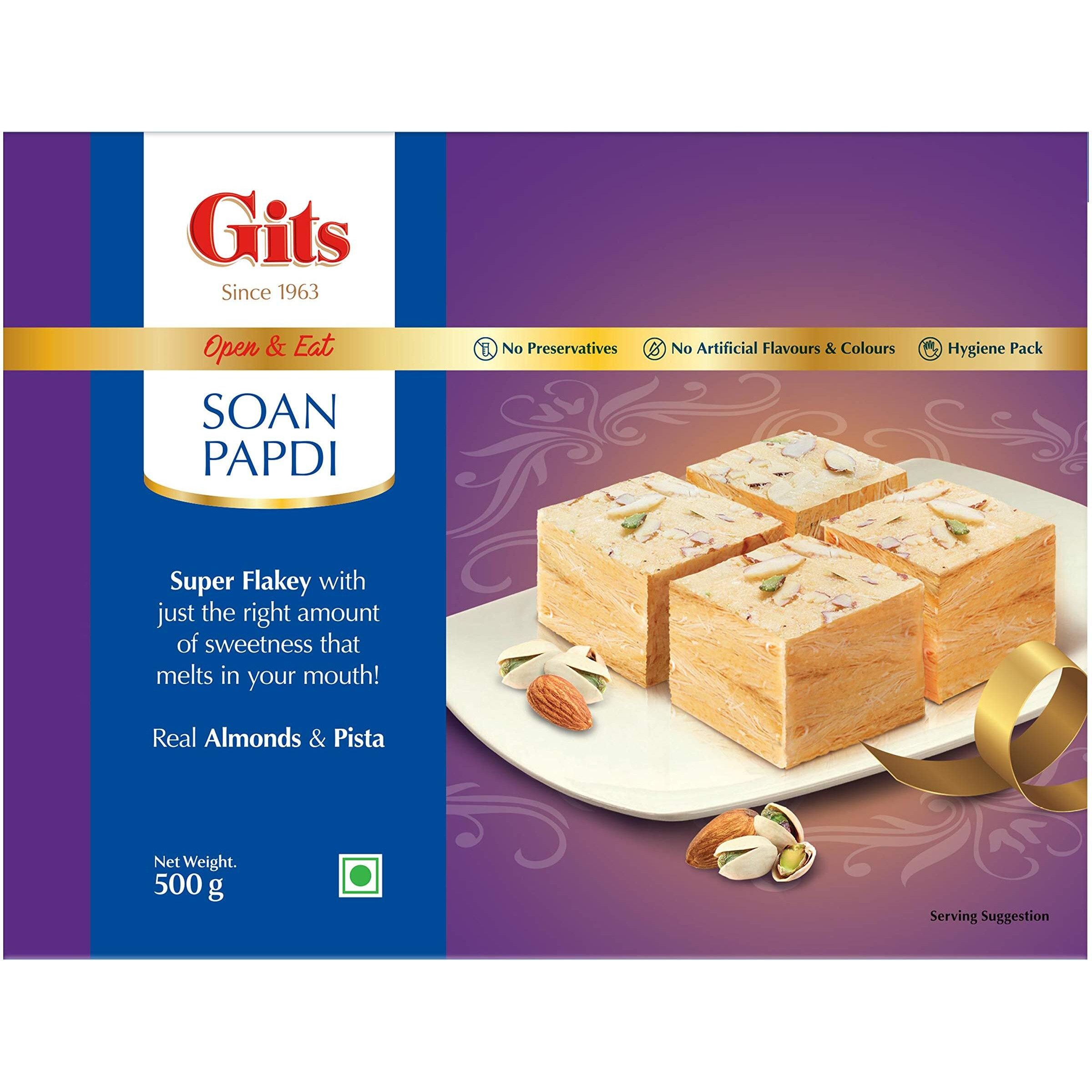 Gits Soan Papdi, Ready to Eat Indian Dessert, Pure Veg, Preservative Free, 1500g (Pack of 3, 500g Each), White
