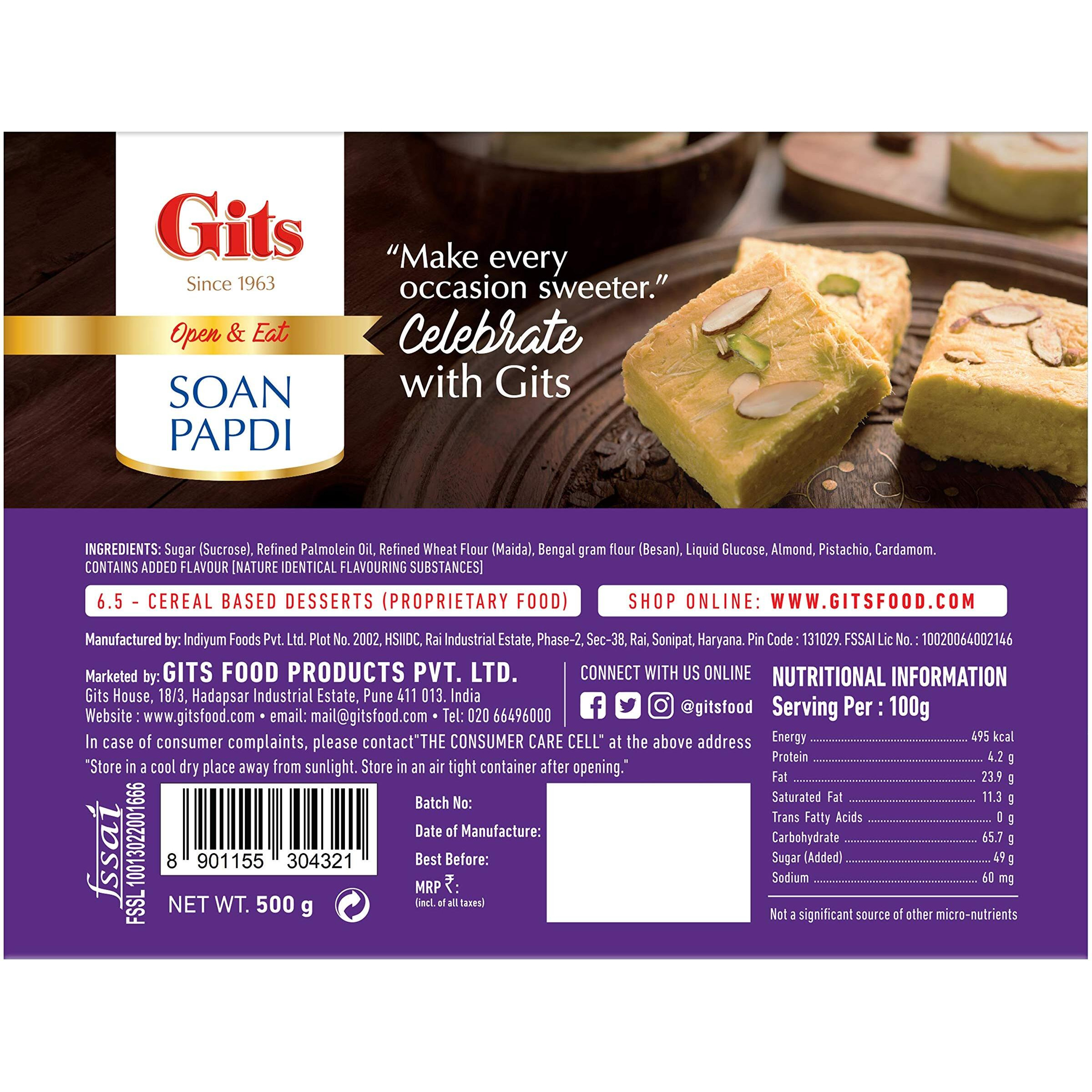 Gits Soan Papdi, Ready to Eat Indian Dessert, Pure Veg, Preservative Free, 1500g (Pack of 3, 500g Each), White