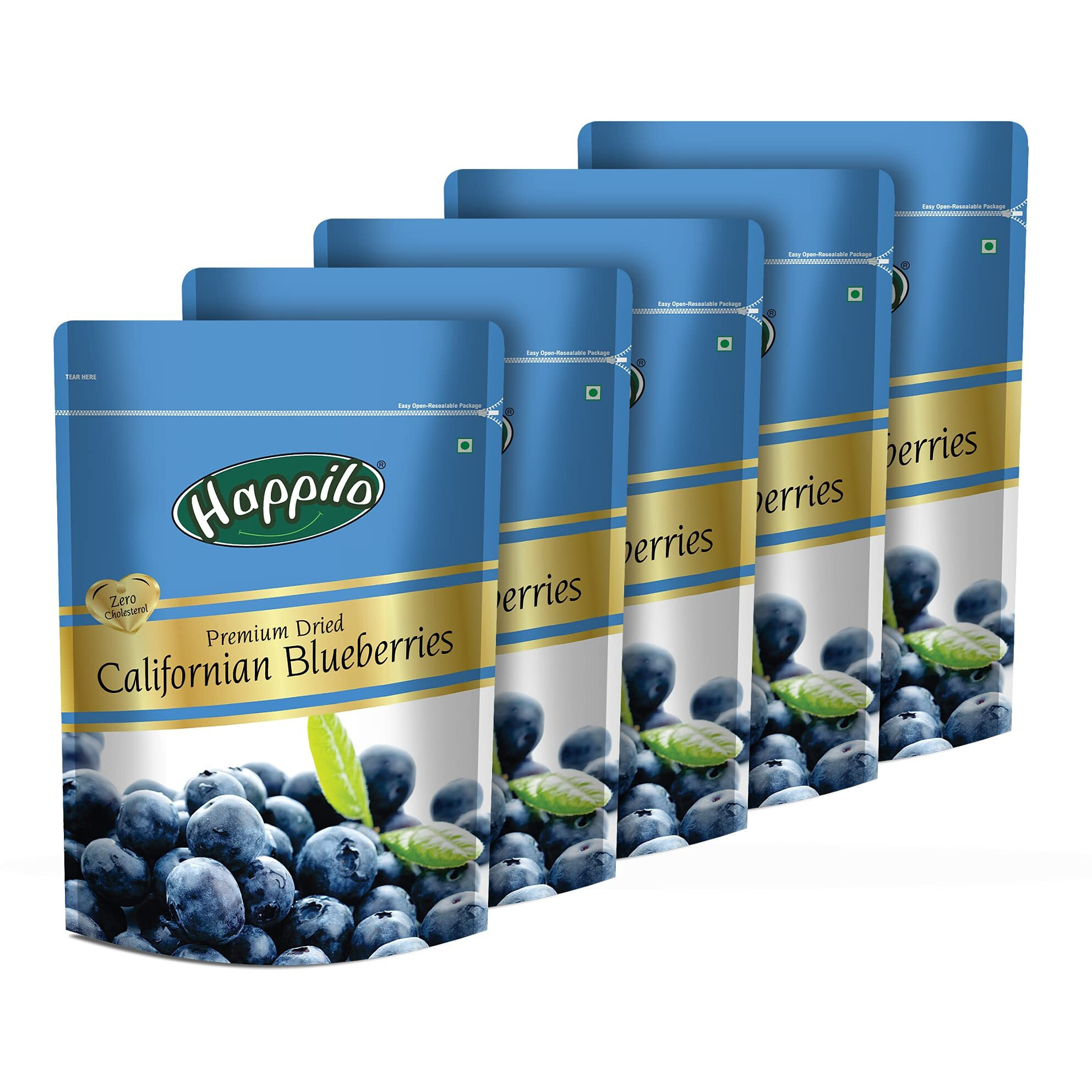 Happilo Premium Dried Californian Blueberries 150g each (Pack of 5), Superfood Whole Berry, Rich in Antioxidant, Vitamins & Fibers