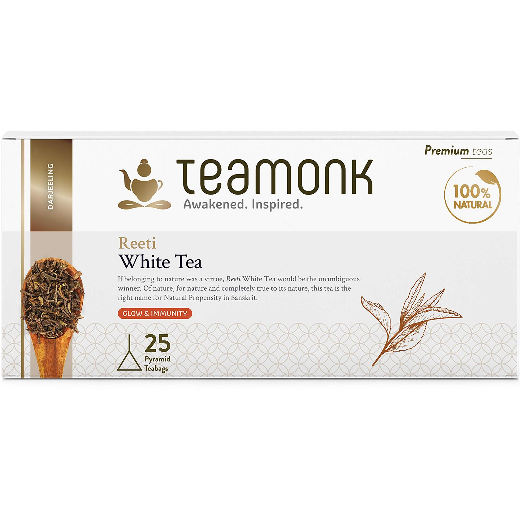 Teamonk Reeti USDA Certified Organic Darjeeling White Tea Bags Pack - Box of 25 Pcs of Biodegradable Pyramid Tea Bag. Rich in Polyphenols. Promotes Glowing Skin, Immunity