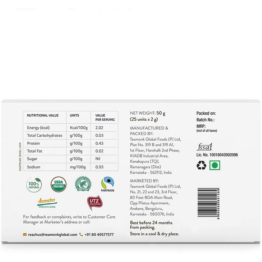 Teamonk Reeti USDA Certified Organic Darjeeling White Tea Bags Pack - Box of 25 Pcs of Biodegradable Pyramid Tea Bag. Rich in Polyphenols. Promotes Glowing Skin, Immunity