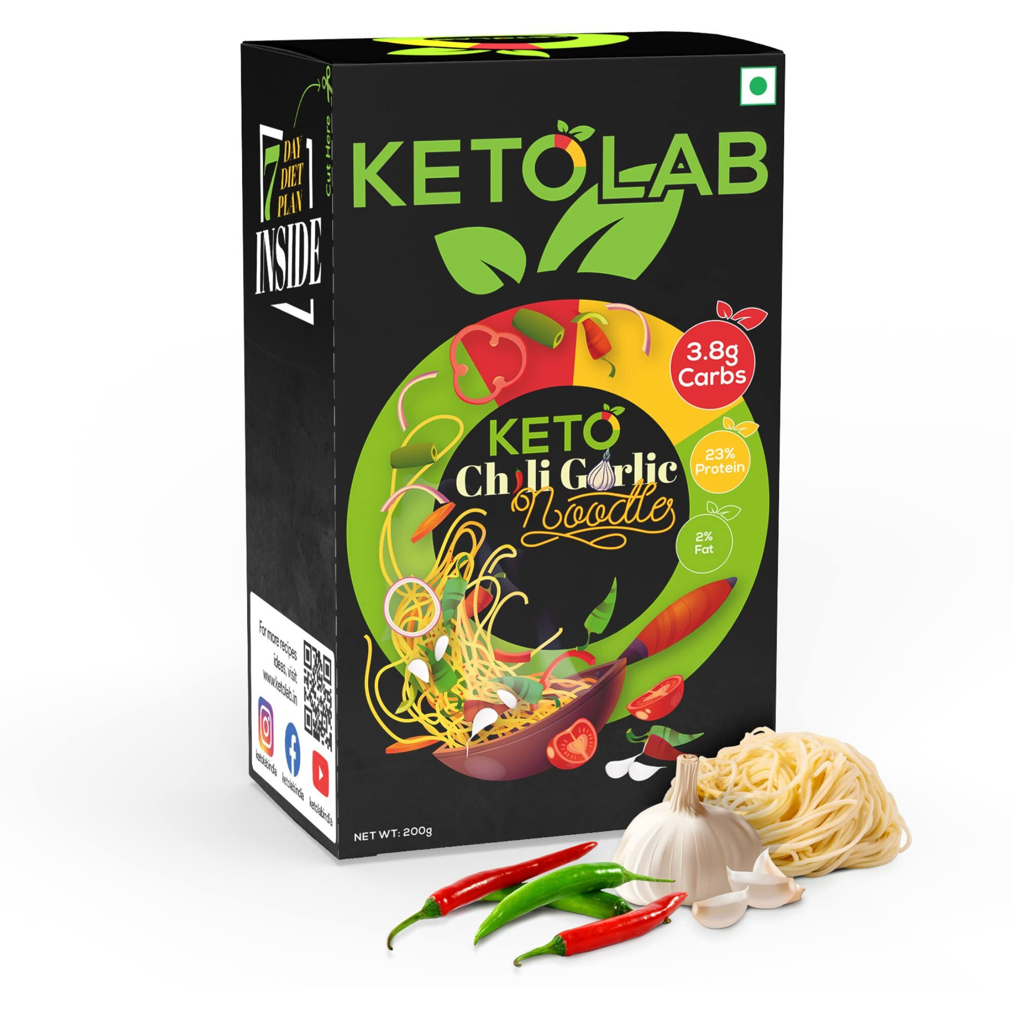 Ketolab Keto Chilli Garlic Noodles Spaghetti, 200 Gms, 1 Pack, 3.8g Net Carb & 23% High Protein/Serving, Identical to Regular Noodles, Low Carb, High Fibre, Low GI, Keto Diet, Diabetic Friendly