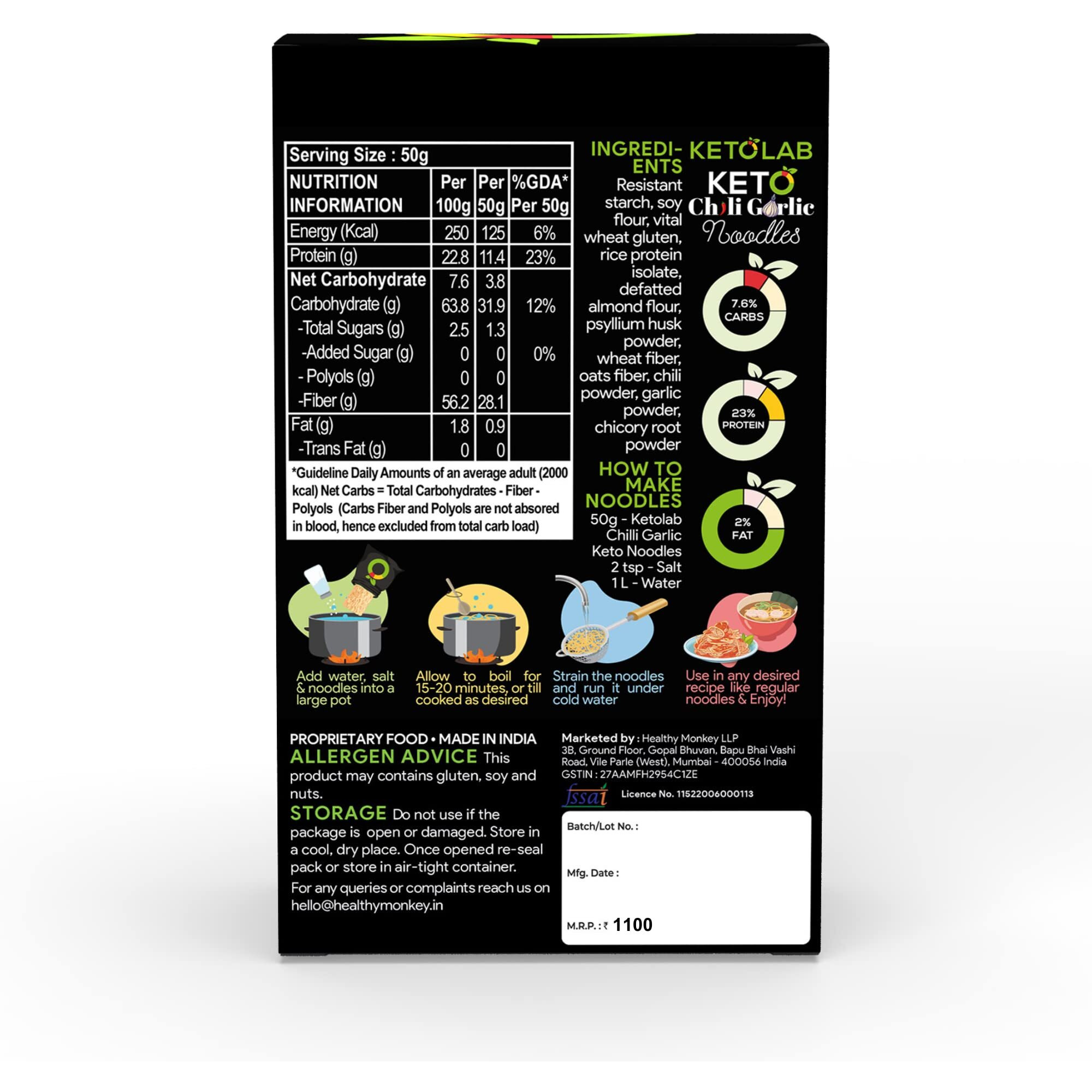 Ketolab Keto Chilli Garlic Noodles Spaghetti, 200 Gms, 1 Pack, 3.8g Net Carb & 23% High Protein/Serving, Identical to Regular Noodles, Low Carb, High Fibre, Low GI, Keto Diet, Diabetic Friendly