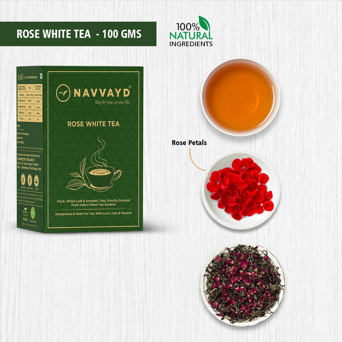Navvayd Organic Rose White Tea, With Real Rose Petals, Loose Leaf (100 Gm)