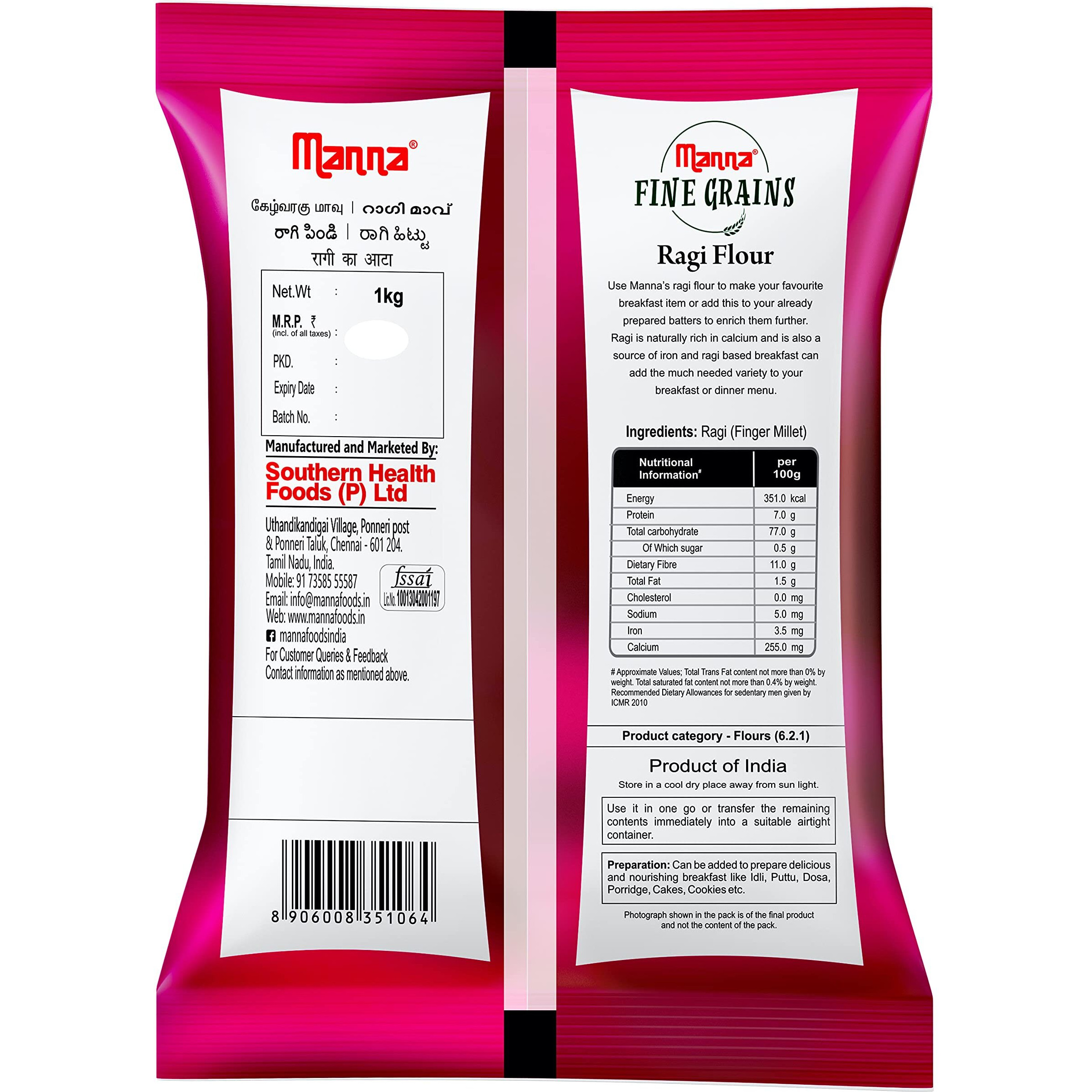Manna Ragi Flour, 1kg | 100% Natural Finger Millet Flour | Nachni Atta | Kelvaragu Flour | Rich in Calcium & Protein
