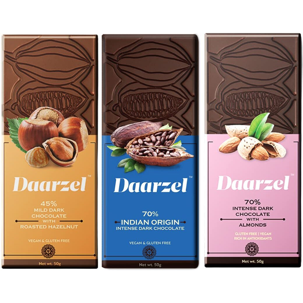 Daarzel Vegan and Gluten-Free Dark Chocolate (Hazelnut, Almond, 70% Dark Indian Origin, 150 g)