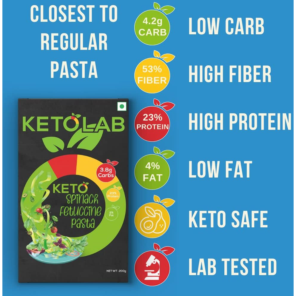 Ketolab Keto Spinach Fettuccine Pasta (Flat noodles), 200 Gms, 1 Pack, 3.8g Net Carb & 23% High Protein/Serving, Identical to Regular Pasta, Low Carb, High Fibre, Low GI, Keto Diet, Diabetic Friendly