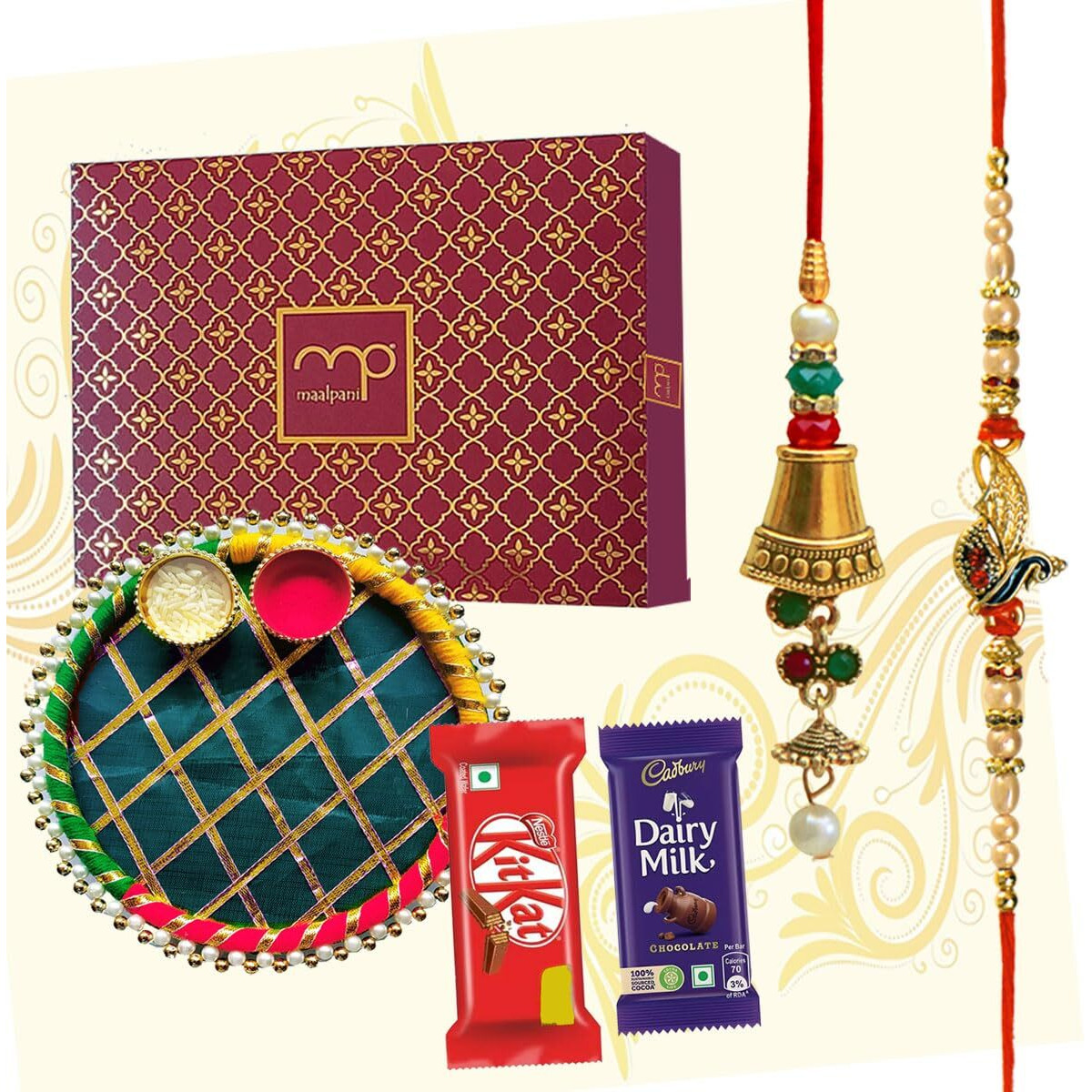 Maalpani Thali with Rakhi and Lumba Rakhi Set - Bhaiya Bhabhi Rakhi Set and Chocolate - Rakhi Gift for Brother - Rakhi Festival