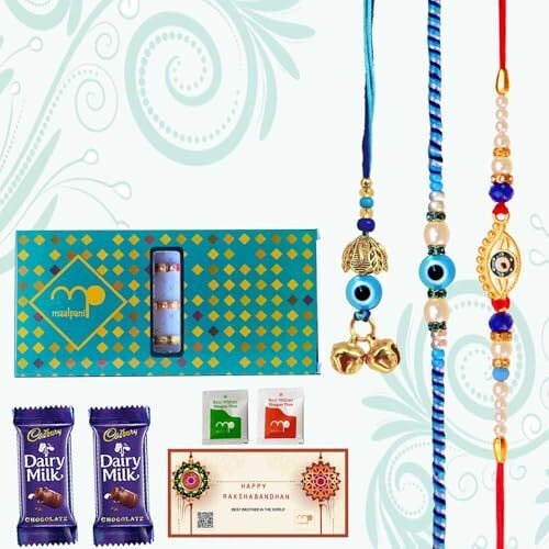 Maalpani Family Set Rakhi With Chocolates Gift - Designer evil Rakhis and Lumba Rakhi Chocolates for Brother - evil eye Rakhi and Lumba collection - Family Rakhi Set Hamper Combo