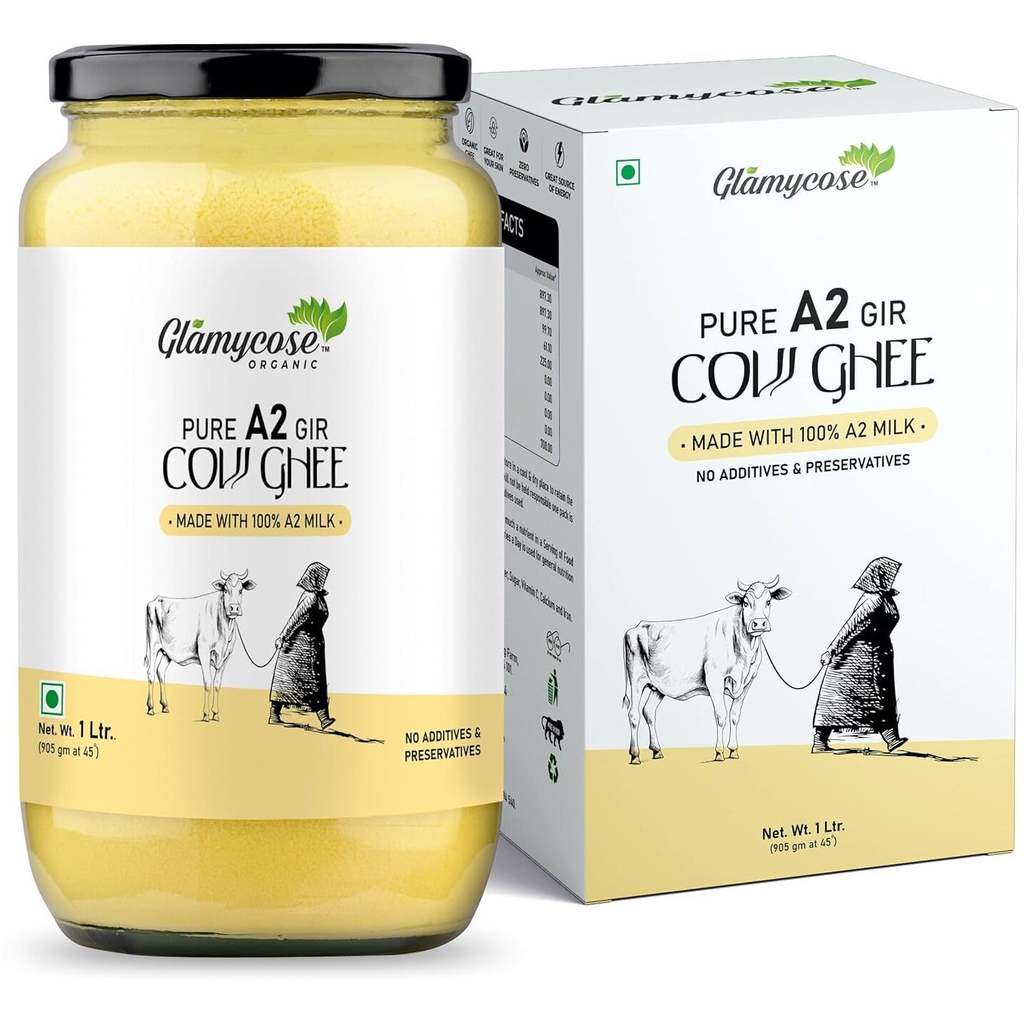 Glamycose Vedic A2 Cow Ghee 1 Liter | Pure, Bilona, Gir Cow Ghee - A2 Desi Cow Ghee | Bilona Cow Ghee A2 | Desi Ghee
