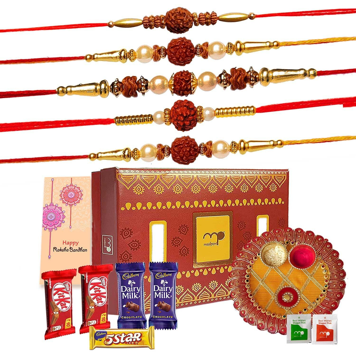 Maalpani Dairy Milk Chocolate Rakhi Thali Hamper for Brother - Set of 5 Rudraksh Rakhi - Chocolates and Pooja Thali Gift Box