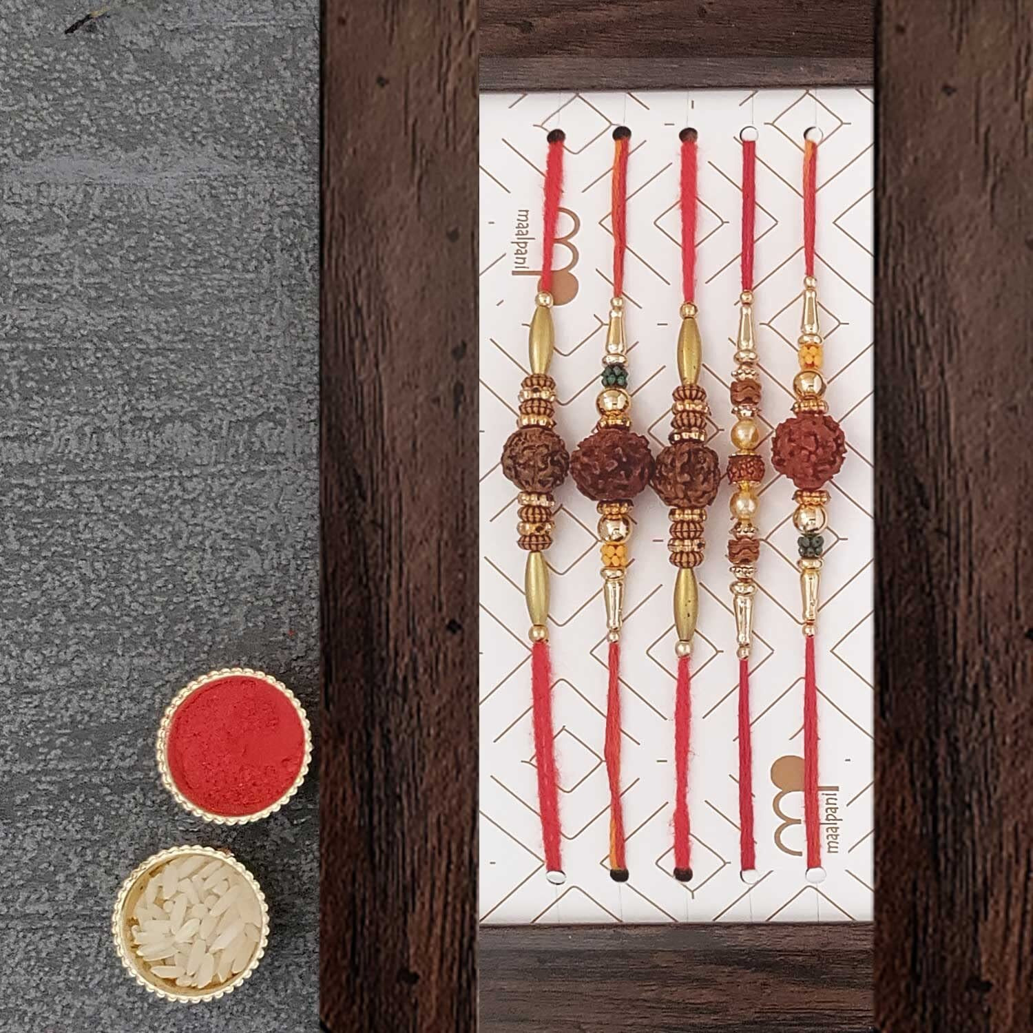 Maalpani Dairy Milk Chocolate Rakhi Thali Hamper for Brother - Set of 5 Rudraksh Rakhi - Chocolates and Pooja Thali Gift Box