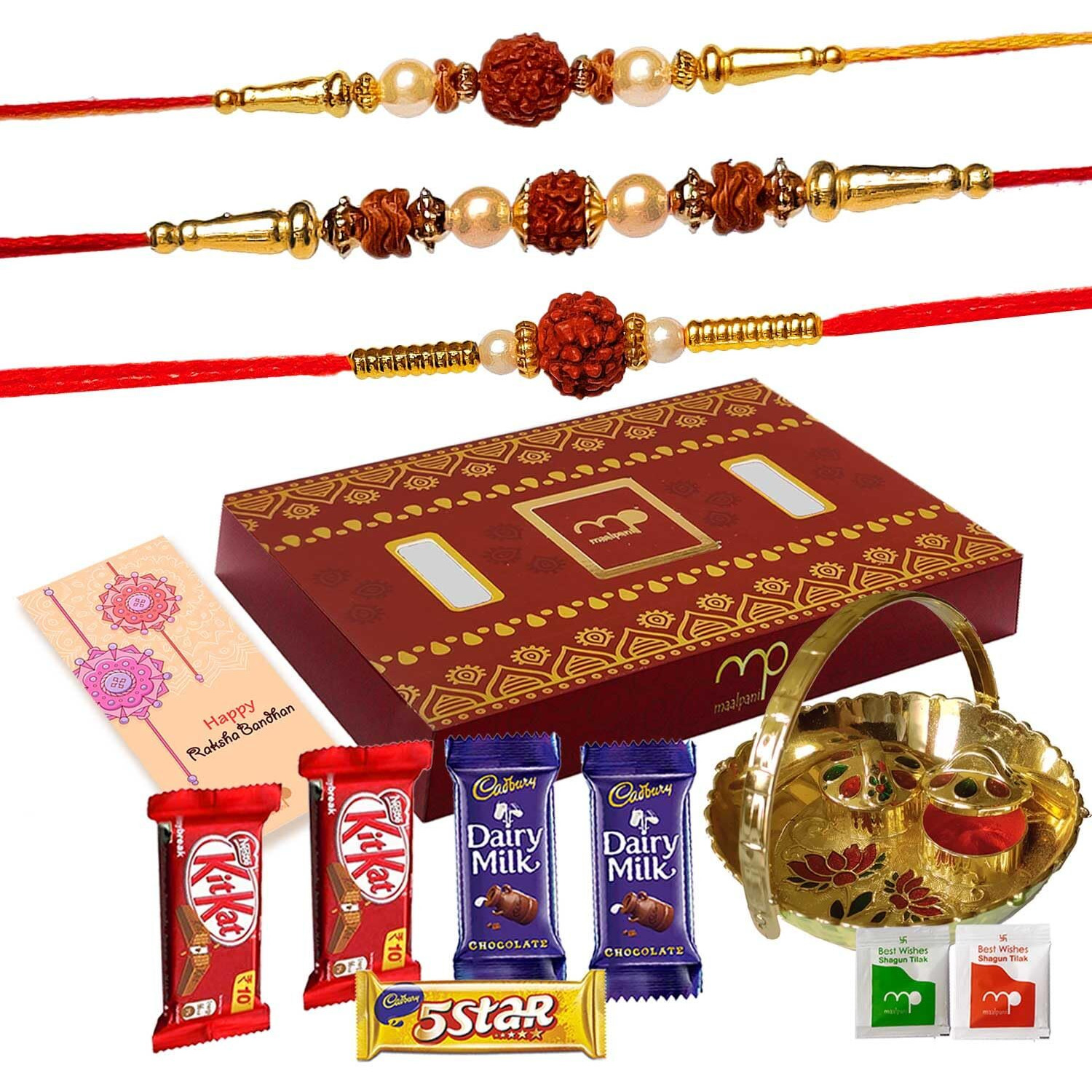 Maalpani Set of 3 Rudraksh Rakhi - 10 Chocolates - Chocolate Gift Rakhi Combo Small Multi Color