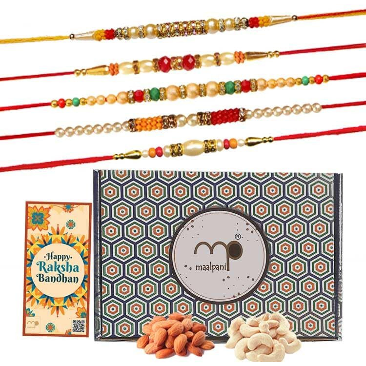 Maalpani Rakhi Dry Fruit Hamper to Brother - Set of 5 Attractive Assorted Rakhi - Dry Fruits 2 Attractive Tin Box