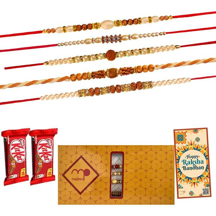 Maalpani Rakhi Gift Hamper | 2 Kitkat Chocolate + 5 Rakhis Set With Roli Chawal | Rakhi for Brother (Gift Hamper Set for Festival)